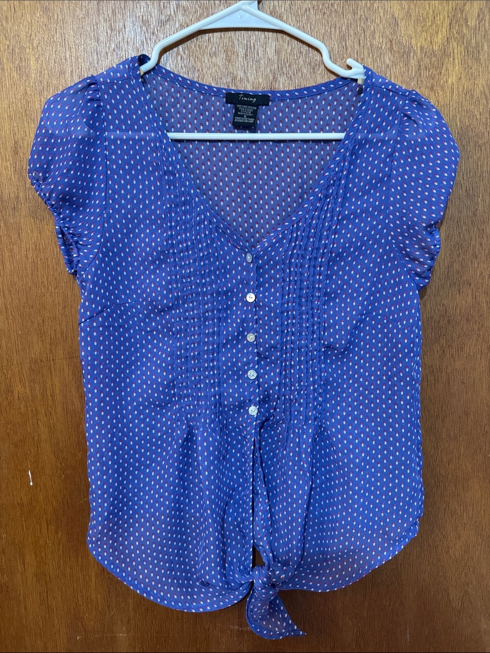 Purple sheer Cap-Sleeve Button-Front Tie-Hem Blouse